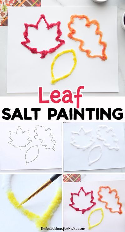 Leaf Salt Painting - such a fun fall craft for kids! Free printable template on the post! You only need salt, paint and glue. Salt Leaves Craft, Sensory Leaf Painting, Fall Salt Painting, Leaf Salt Painting, Glue And Salt Art, Salt Glue Painting, Salt And Glue Art For Kids, Glue Salt Painting, Salt And Glue Painting