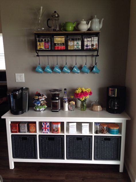 I've been dreaming of one of these for over a year and this weekend it finally happened...a coffee and tea bar! Koffie Stations, Diy Coffee Bar Ideas, Coffee And Tea Bar, Wine Station, Office Coffee Bar, Coin Café, Coffee Bar Station, Coffee Bar Ideas, Diy Coffee Bar