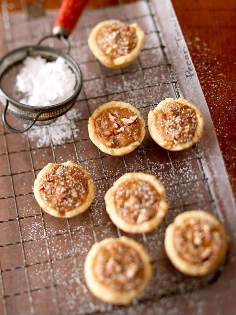 These bite-size pecan pies have adorned holiday platters for years. For a subtle change of pace, use chopped mixed nuts in place of the pecans. Walnut Tassies Recipe, Bite Size Pecan Pie, Vintage Holiday Recipes, Tassies Recipe, Pecan Tassies, Hot Chocolate Cookies Cups, Apple Oatmeal Cookies, Fall Cookie Recipes, Seasonal Baking