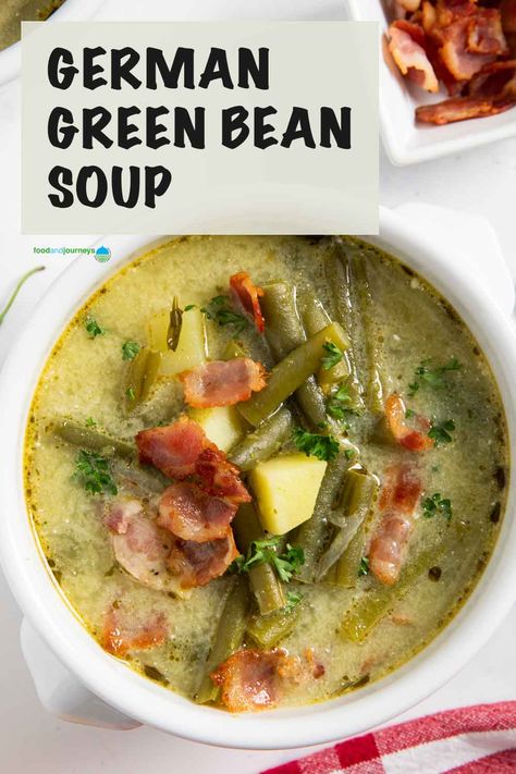 German Green Bean Soup (Grüne Bohnensuppe) combines the flavor of green beans, potatoes, herbs, and bacon in every spoonful!  It's deliciously filling yet light enough to serve on warmer days.  Enjoy a bowl now! German Bean Soup Recipe, Green Bean Lunch Recipes, Green Bean Casserole Soup, Potato And Green Bean Soup, Green Bean Meal Recipes, Green Beans Soup Recipes, Soups With Green Beans, English Beans Recipe, Collard Greens Soup White Beans