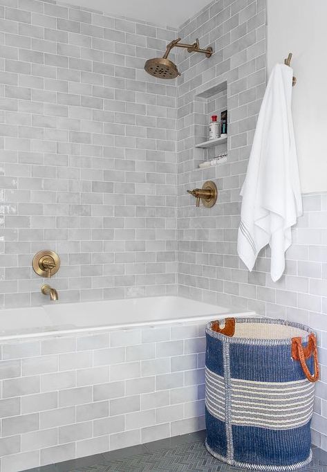 Tiled Bathtub, Glass Subway Tile Bathroom, Gray Shower Tile, Bathtub Enclosures, Accent Floor, Patterned Wall Tiles, Subway Tile Showers, Grey Bathroom Tiles, Grey Subway Tiles