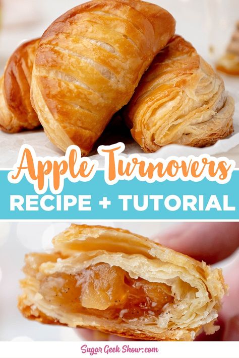 This apple turnover recipe is made with homemade rough puff pastry dough and a sweet crisp apple filling with added notes of honey and vanilla. These buttery, melt-in-your-mouth flaky pastries have the same texture as freshly made croissants. #appleturnovers #turnovers #apple #breakfast #patries Turnover Dough, Apple Turnovers With Puff Pastry, Apple Recipes With Puff Pastry, Apple Turnover Recipe, Apple Turnover, Rough Puff, Rough Puff Pastry, Sugar Geek, Turnover Recipes