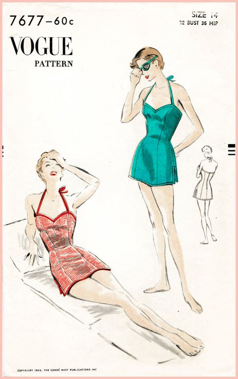 Vintage Bathing Suit Patterns, Vestidos Pin Up, Vintage Vogue Sewing Patterns, Patron Vintage, Skirt Beach, Vogue Vintage, Beach Rompers, Vintage Bathing Suits, Suit Pattern