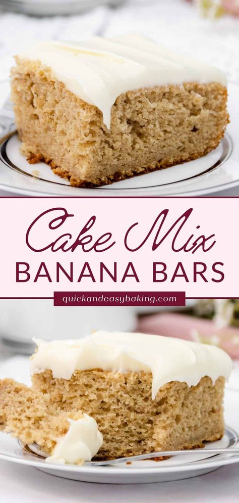 Banana Cake Mix Cookie Bars, Cake Mix Banana Bars, Banana Cake Recipe With Box Cake, Cake Mix Banana Cake, Banana Bread Recipe With Cream Cheese, Banana Sheet Cakes, Traybake Cake, Cake Mix Banana Bread, Banana Cake Mix