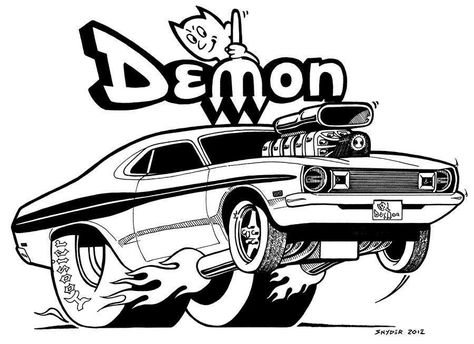 Demon 340 Cartoons Magazine, Dodge Demon, Didgeridoo, Cartoon Coloring, Dodge Muscle Cars, Cool Car Drawings, Mopar Cars, Automotive Artwork, Rat Fink