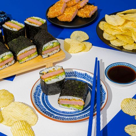 RUFFLES® Katsu Musubi | FLVR Katsu Musubi, Ruffles Chips, Grilled Jalapeno Poppers, Mold Recipes, Bbq Nachos, Ruffles Potato Chips, Pulled Pork Nachos, Pork Nachos, Luncheon Meat