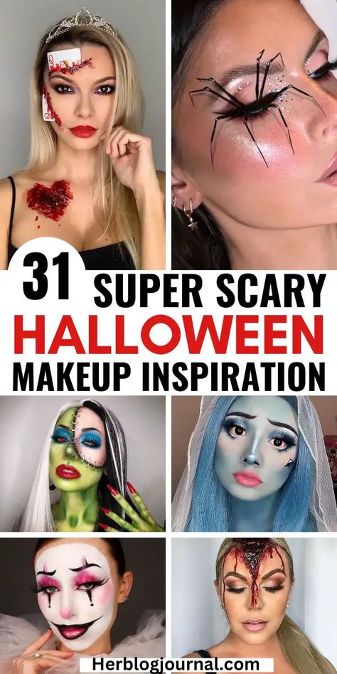 Halloween Makeup Ideas for a Perfectly Spooky Look - Her Blog Journal Scary Female Halloween Makeup, Unique Halloween Makeup Creative, Gunshot Makeup, Diy Halloween Face Paint, Halloween Face Paint Ideas For Women, Halloween Scary Makeup, Simple Witch Makeup, Halloween Face Paint Scary, Creative Halloween Makeup Looks