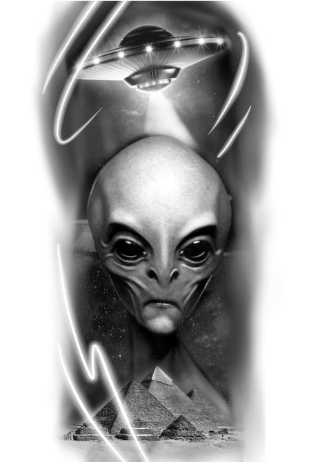 Egypt Alien Tattoo, Realistic Alien Tattoo, Alien Ufo Tattoo, Ufo Tattoo Design, Egyptian Alien, Alien Tattoo Design, Area 51 Tattoo, Alien Tattoo Ideas, Paul The Alien