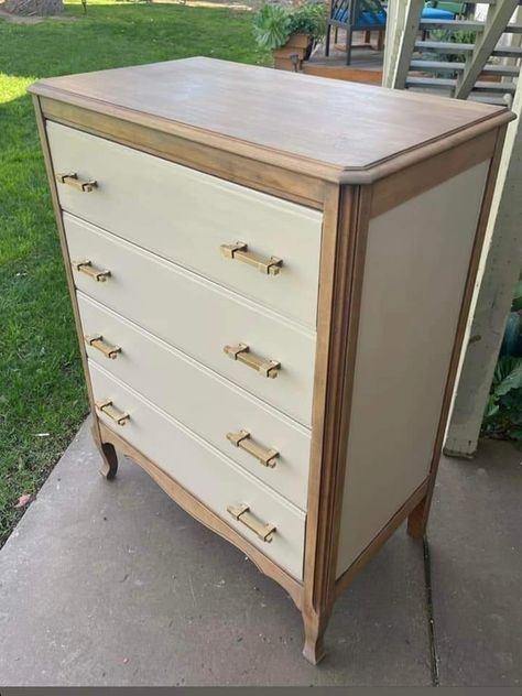 Small Dresser Refurbished, Boho Refinished Dresser, Dresser Paint Colors, Redone Dressers, Refinished Dresser White And Wood, Refinish Veneer Dresser, Ipcycle Dresser, Refinished Dresser Diy, Dresser Remodel