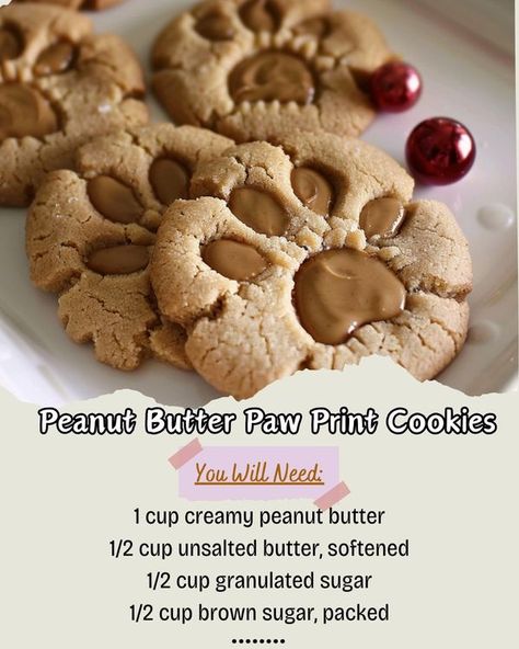 Homemade Recipes Paw Print Cookies, Paw Cookies, Cookies Ingredients, Creamy Peanut Butter, Cookie Recipe, Granulated Sugar, Unsalted Butter, 1 Cup, Homemade Recipes