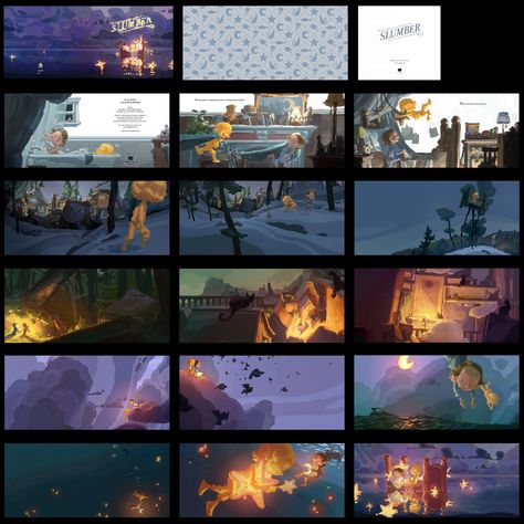 Noah Klocek -  Colorscript for an early version of Dreamland. A surprising number of these found their way into the final book. #kidlitart #kidlit #conceptart #visualdevelopment #illustration #picturebooks Animation Storyboard, Color Script, Visual Development, 2d Art, So Cool, Book Illustration, Picture Book, Mood Board, Concept Art