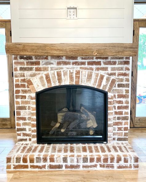 Brick Paver Fireplace, Brick Fireplace With Hearth, Cathedral Fireplace, Brick Fireplace With Wood Mantle, Farmhouse Brick Fireplace, Brick Corner Fireplace, French Country Fireplace, Fireplace Redo, Family Room Addition