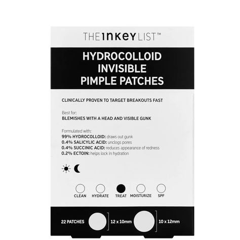 Perfect for last-minute breakouts, The INKEY List’s Hydrocolloid Pimple Patches are clinically proven to minimise the look of blemishes in just four hours*. The stickers are best suited to spots with a head, utilising powerful skincare ingredients to soothe their appearance. Quick and easy to use, the fastest pimple patches** combine hydrocolloid with salicylic and succinic acids to help purify the skin and visibly diminish redness, while ectoin provides a boost of hydration. Made with INVISIBLURTM Technology, the ultra-thin stickers are designed to remain imperceptible on the skin, layering seamlessly beneath makeup. *8 hour clinical study of 20 people. **Based on UK market data available for 10 top searched hydrocolloid patches, as of May 2024. Clear Pimple Patches, Congested Pores, The Inkey List, Pimple Patches, Inkey List, Pimple Patch, Lip Scrubs, Led Mask, Grande Cosmetics