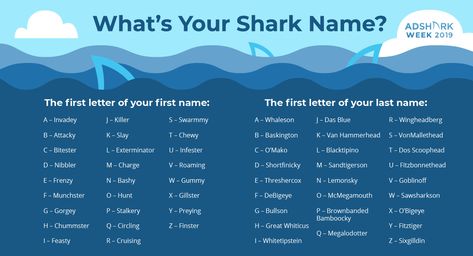 Since it is #AdSharkWeek2019 we thought why not hand out Shark Names? You get a shark name, you get a shark name. EVERYONE GETS A SHARK NAME! #AdSharkWeek2019 Shark Names, Shark Week, Sharks, First Names, Quick Saves