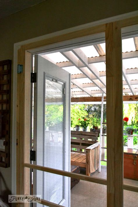 Installing screen doors on french doors... easy and cheap! via Funky Junk Interiors French Doors Living Room, French Doors With Screens, White French Doors, Diy Screen Door, French Doors Exterior, Funky Junk Interiors, French Doors Patio, Diy Barn Door, French Doors Interior