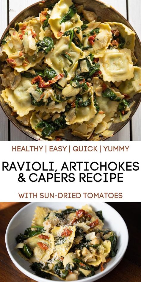 Sharing with you an awesome Ravioli with artichokes hearts, capers, sun-dried tomatoes, and spinach recipe. If you are looking for a great easy to make pasta recipe for beginners then this is the best one for you! #pasta #pasta ecipe #recipe Pasta Recipes With Capers, Artichoke Hearts Pasta, Recipes With Capers, Orecchiette Pasta Recipes, Cold Pasta Dishes, Capers Recipe, Recipe For Beginners, Spinach Recipe, Make Pasta