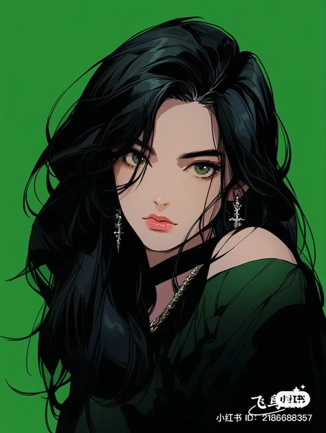 Tomboy Anime Female Long Hair, Green Cartoon Pfp, Black Hair Girl Art, Black Hair And Green Eyes, Black Hair Green Eyes, Hair Green Eyes, 얼굴 드로잉, Different Art Styles, Digital Portrait Art