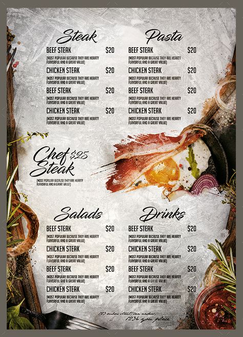 Steak Menu Steak Menu Design, Steak Dinner Party, Grilled Steak Dinner, Steak House Menu, Steak Menu, Menu Brochure, Menu Burger, Brochure Food, Restaurant Steak