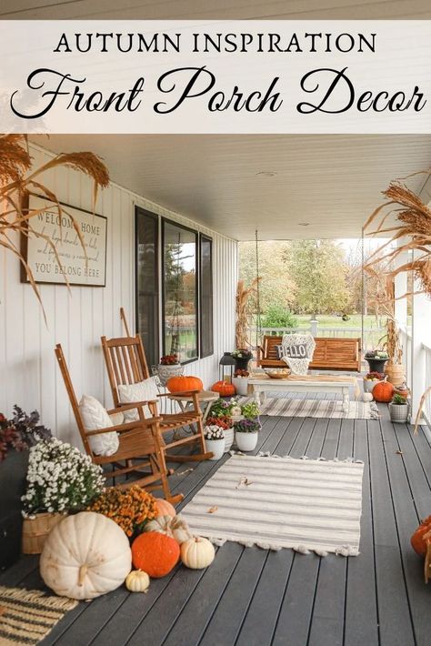 Fall front porch decor and inspiration Fall Outdoor Decor Porch, Fall Decor Living Room Cozy, Porch Fall Decor, Fall Front Porch Decor Ideas, Fall Decor Inspiration, Fall Front Porch Decor, Front Porch Decor, Autumn Decorating, Fall Front Porch