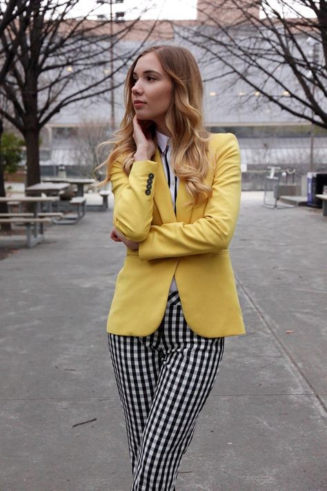 All Checked: Gingham Pants Checkered Trousers Outfits, Yellow Trousers Outfit, Modern Business Casual, Gingham Outfit, Yellow Outfits, Checkered Trousers, Classic Prints, Picnic Tablecloth, Through The Decades