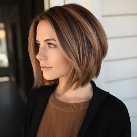 40 Low-Maintenance Medium-Length Haircuts For On-the-Go Women Tortoise Shell Highlights, Shoulder Length Hair Shorter In Back, Hair Styles For Women In Their Late 30’s, Chin Length Hair Side Part, Above Shoulder Bob Straight, Bob Hairstyles 40s Over 40, Inverted Lob With Curtain Bangs, Brown Haircuts Medium, Versatile Haircut For Women