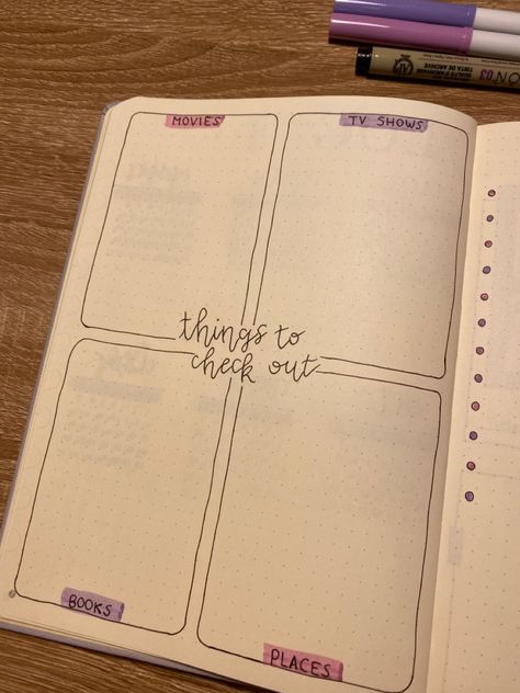 “Things to check out” spread ideas for your bullet journal Bujo Things To Check Out, Things To Do Journal Ideas, Moving Journal Ideas, Bullet Journal Page Order, What To Put In A Bullet Journal, Dotted Journal Ideas First Page, Planner First Page Ideas, Journal Content Ideas, Bullet Journal To Do List Layout