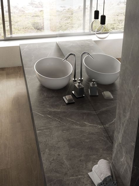 Atlas Plan Grey Stone: marble effect for a luxurious bathroom. Armani Grey Marble, Marble Bathroom Counter, Tiles For Bathroom Walls, Grey Marble Bathroom, Gray Bathroom Walls, Under Bathroom Sink, Porcelain Tile Bathroom, Tiles For Bathroom, Stone Bathroom