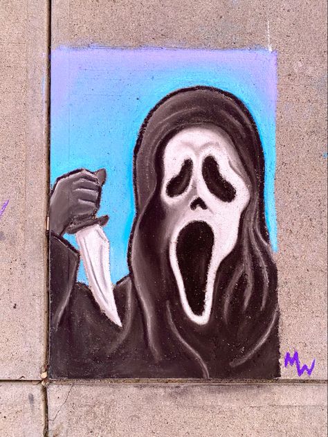 Cute Chalk Art, Halloween Chalk Art, Sidewalk Chalk Art Ideas, Street Chalk Art, Fun Chalk Art, Ghost Face Mask, Scream Ghostface, Chalk Ideas, Side Walk