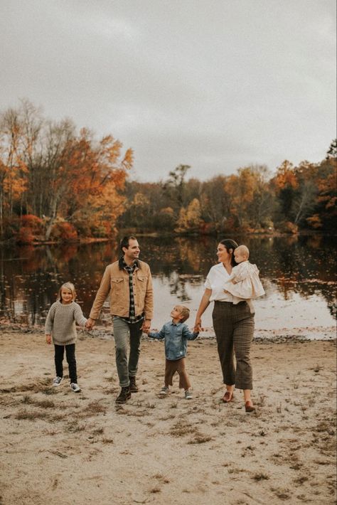 Fall autumn neutral family photo outfits denim brown cold weather lake trees leaves Cold Fall Family Photos, Fall Lake Family Pictures, Cold Weather Photoshoot Family, Fall Family Photos By Lake, Fall Leaves Family Photos, Family Lake Photos, Cold Weather Family Photos, Plus Size Family Photo Outfits, Neutral Family Photo Outfits