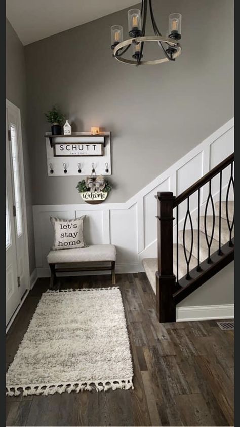 Farmhouse Decor Staircase Wall, Entryway Ideas Near Stairs, Home Entrance Decor With Stairs, Open Hallway Living Room, Entryway Decor Stairway, Front Entryway With Stairs, Narrow Living Room With Stairs, Foyer Ideas With Stairs, Front Door Opens To Stairs Entry Ways