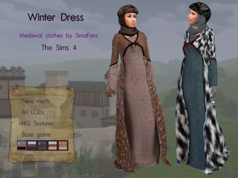 Medieval Winter Dress, Sims 4 Medieval, 2000s Trends, Sims 4 Decades Challenge, Sims Medieval, Medieval Clothes, Fur Cape, Sims 4 Mods Clothes, Sims 1