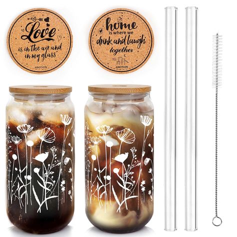 PRICES MAY VARY. COMPLETE SET: These wildflower cups come with reusable straws and straw cleaning brushes, making it easy to clean and reuse. You will receive 2*20oz cute wildflower coffee glasses, 2 matching bamboo lids, 2 glass straws and a straw brush. STYLISH DESIGN: These cups feature a sleek and elegant design with white wildflower patterns, adding a touch of sophistication to your drinkware collection. They come in a set of two, so you can share them with your loved ones or have a spare c Bubble Tee, Cups With Lids And Straws, Boba Drink, Coffee Glasses, Drinking Jars, Cups With Lids, Smoothie Cup, Glass Jars With Lids, Glass Coffee Cups