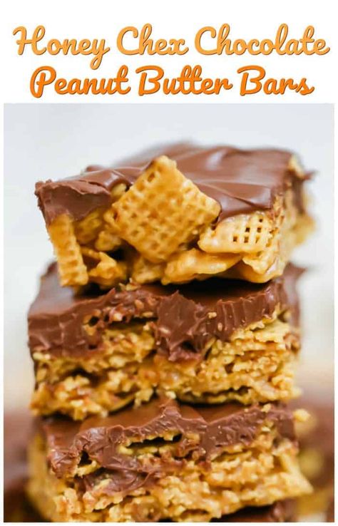 OMG Honey Chex Chocolate Peanut Butter Bars! These no bake OMG Honey Chex Chocolate Peanut Butter Bars are outrageously yummy sweet treats and easy to make!  They're delicious, crunchy bars made with a peanut butter and honey based layer and honey sweetened chex cereal, then it's topped with a rich milk chocolate peanut butter ganache.  #chocolate #bars #honey #chex #nobake #chexbars #peanutbutter #nobakebars #easy Things To Make With Chex Cereal, No Bake Cereal Treats, Chex Peanut Butter Bars, Chex Cereal Recipes Sweets, Peanut Butter Chex Bars, Chex Cereal Recipes, Cereal Squares, Chocolate Peanut Butter Ganache, Peanut Butter Ganache