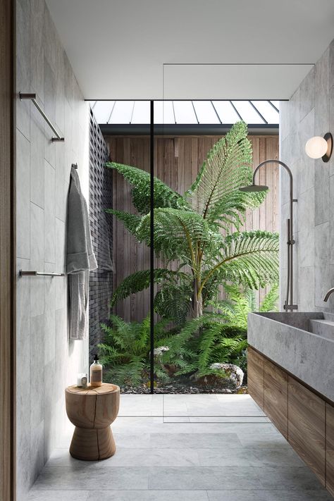 Skylight Bathroom, Coral House, Tropical Bathroom, Bathroom Design Trends, Internal Courtyard, Luxury Shower, Curved Walls, Bathroom Windows, House Bathroom