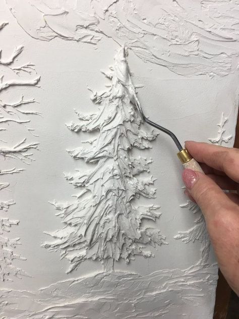 Plaster Wall Art Tree, Plaster Trees On Walls, Plaster Art On Wall, Bas Relief Art Ideas, Easy Diy Christmas Wall Art, Drywall Art Wall, Plaster Christmas Tree, Sculpture Art Painting, Textured Christmas Tree Painting