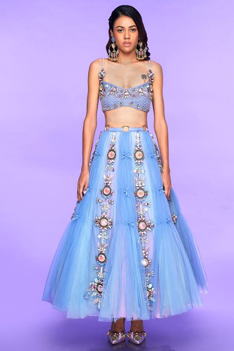 Western Lehenga, Papa Don't Preach, Camp Fashion, Split Prom Dresses, Designer Lehengas, Blue Lilac, Indian Bridal Dress, Crop Top Skirt, Indian Wedding Outfits