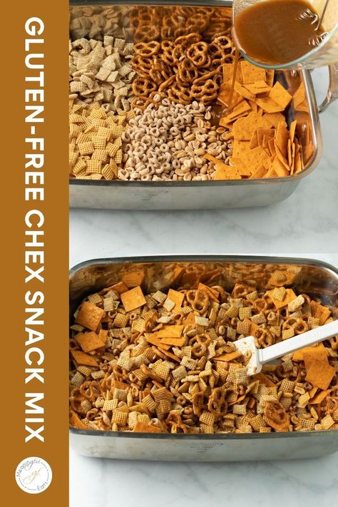 2 images of pans of gluten-free chex snack mix Snack Mix Recipes Gluten Free, Gluten Free Snack Mix Recipes, Gluten Free Chex Mix Recipes, Gluten Free Snack Mix, Gluten Free Chex, Chex Snack Mix, Easy Snack Mix, Meaningful Eats, Homemade Chex Mix