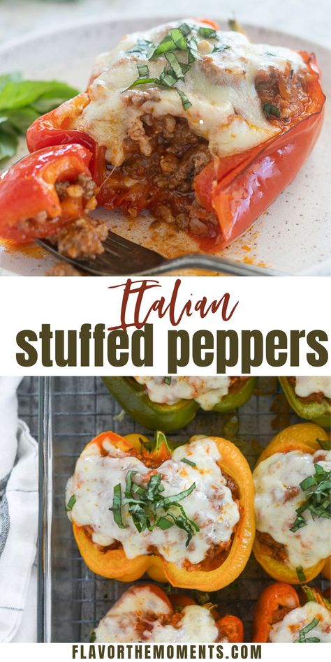 Italian Stuffed Peppers are tender bell peppers filled with ground beef, rice and marinara sauce, and they're topped with mozzarella cheese and fresh basil. They're a hearty, delicious dinner that can be made entirely in advance! #stuffedpeppers #glutenfree #mealprepdinner Stuffed Red Peppers With Ricotta, Italian Stuffed Bell Peppers Ground Beef, Marinara Stuffed Peppers, Bolognese Stuffed Peppers, Mozzarella Stuffed Peppers, Filled Bell Peppers Ground Beef, Stuffed Peppers With Marinara Sauce, Stuffed Peppers Marinara Sauce, Marinara Sauce Recipe Dinners Healthy