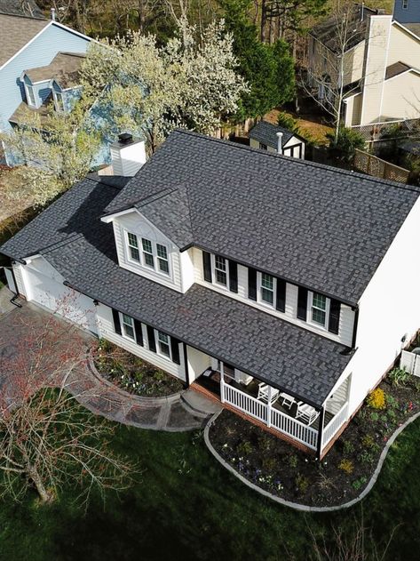 CertainTeed Landmark Shingles in Moire Black on a monochrome home with white siding Certainteed Landmark Shingles, Landmark Shingles, Black Shingles, Certainteed Shingles, Monochrome Home, White Siding, Roof Colors, White Farmhouse, Roof Shingles