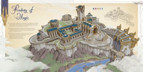 Fantasy Academy Concept Art, Magic Academy, Fantasy Story Ideas, The Hallow, Visual Narrative, Fantasy Worlds, Majestic Mountains, Fantasy City, Fantasy Castle