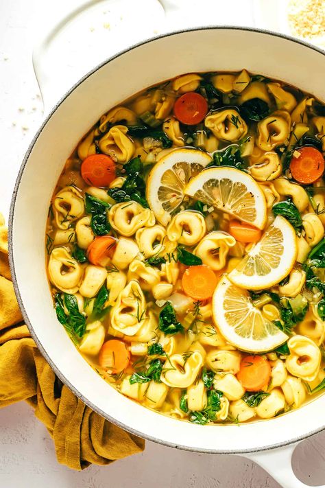 Gluten Free Tortellini, Vegan Tortellini, Spinach Tortellini, Parmesan Rind, Quick And Easy Soup, Gimme Some Oven, Tortellini Soup, Sauteed Veggies, Organic Chicken