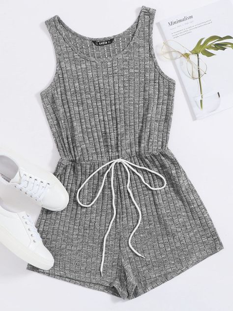 Grey Casual  Sleeveless Cotton Plain Tank Embellished Slight Stretch Summer Women Jumpsuits & Bodysuits Casual Playsuit, Causal Dresses, Populaire Outfits, Mode Kpop, Knit Tie, Romper Outfit, Tween Outfits, Girls Fashion Clothes, Teenage Fashion Outfits