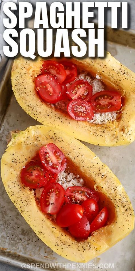 Feta spaghetti squash is a low carb take on the feta pasta of tik tok fame! This delish recipe is sure to become a family favorite. #spendwithpennies #spaghettisquashboats #maindish #recipe #bake #pasta #tomato #bakedfeta #fetaspaghettisquash #recipes #tiktok #howto #cook How To Spaghetti Squash, Tomato Feta Spaghetti Squash Bake, Spaghetti Squash With Tomatoes And Feta, Feta Pasta Spaghetti Squash, Spaghetti Squash And Tomatoes, Spaghetti Squash Recipes With Feta And Tomatoes, Spaghetti Squash Pasta Recipes, Spaghetti Squash Cherry Tomato Recipes, Spaghetti Squash And Feta Recipes