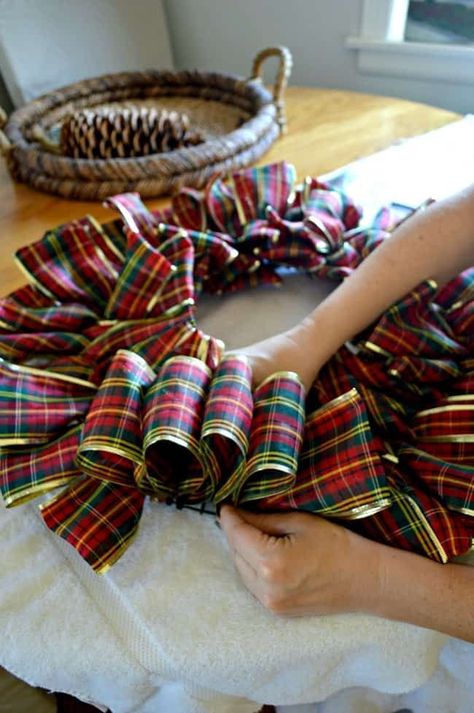 Make a ribbon wreath by looping plaid ribbon on a wire frame | chatfieldcourt.com Wreath On Wire Frame, Diy Christmas Ribbon Wreath, Make A Ribbon Wreath, Ribbon Wreath Tutorial, Fall Ribbon Wreath, Making A Wreath, Ribbon Wreath Diy, Ribbon Wreath Christmas, Ribbon Wreaths