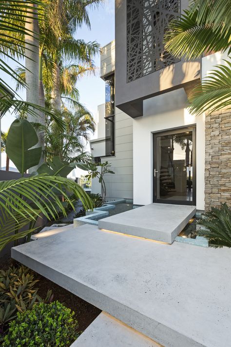 Honed Concrete, Decorative Concrete Floors, Outdoor Living Deck, Concrete Deck, White Exterior Houses, Lake Houses Exterior, Outdoor Paving, Concrete Patio Designs, Gold Coast Queensland