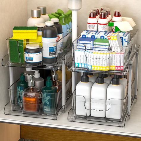 PRICES MAY VARY. [Pull-out Drawer & Removable Dividers]This bathroom organizer with 2 Pull out drawers,Each drawer has two removable partitions that create 1-3 compartments of different sizes for easy sorting and finding items.The bathroom organizers and storagen Size is 14.6"L x 9"W x14.4"H [Appropriate Size]Layer to layer height 9.7 Inch Satisfy almost all bottle,medicine, make up, snap, food, jar, bath sink organizers and storage,Sliding drawer is not fixed to the shelf, you can remove the dr Baby Bottle Storage Udeas, Organizing Small Medicine Cabinet, Organizing Bathroom Cabinets Doller Tree, Acrylic Drawer Organizer Bathroom, Organizing Hair Products Under Sink, Medicine Cabinet Checklist Home, Snack Organizer Drawer, Pull Out Cabinet Cleaning Supplies, Organizing Under Kitchen Sink Drawer