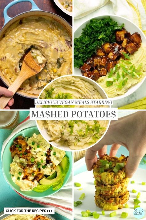 We are a mashed potato family, so I cook up dinner with mashed potatoes on a weekly basis. The recipes here are family faves, and I've included my two favorite standalone mashed potato recipes, as well, so you'll have options for a starting point. There is also a section of my favorite homemade vegan entree and sides to serve with dairy free mashed potatoes! Mashed Potato Toppings, Meals With Mashed Potatoes, Vegan Cauliflower Mashed Potatoes, Dinner With Mashed Potatoes, Mashed Potato Bowl, Mash Potato Dishes, Potato Entree, Lentil Meatloaf, Dairy Free Mashed Potatoes