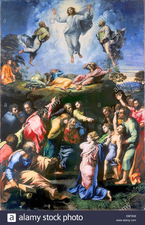 Download this stock image: The Transfiguration of Christ. Artist: Raphael (1483-1520) - E8F3N9 from Alamy's library of millions of high resolution stock photos, illustrations and vectors. Raphael Paintings, Raphael Sanzio, The Transfiguration, Jesus Christ Painting, Most Famous Paintings, Giclee Painting, Jesus Christus, Edgar Degas, Famous Art