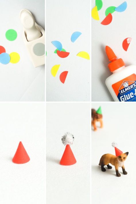 DIY Mini Animal Party Hats | Confetti Sunshine | Bloglovin’ How To Make Tiny Animal Party Hats, Animals With Party Hats Cake, Diy Mini Party Hats For Animals, Party Animal Cupcakes, Mini Party Hats For Animals, Wild One Birthday Cake, Animal Party Hats, Circus Birthday Party Theme, Zoo Birthday Party