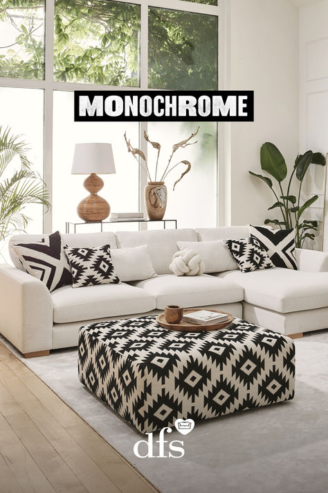 Black and white is a classic, always on trend vibe, but this season Monochrome is back, front and centre Corner Sofa With Chaise, Dfs Sofa, Corner Sofa Chaise, Black And White Interior, Pink Living Room, Sofa With Chaise, How To Mix, Transitional Decor, Interior Trend